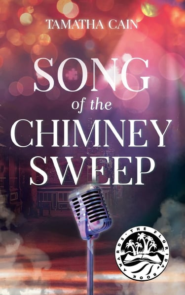 An old-style microphone against a mysterious background, book cover Song of the Chimney Sweep