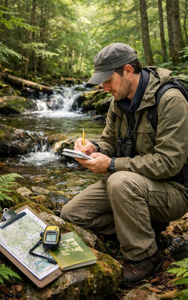 An ecologist writing notes in a forest while conducting a natural heritage evaluation in Ontario.