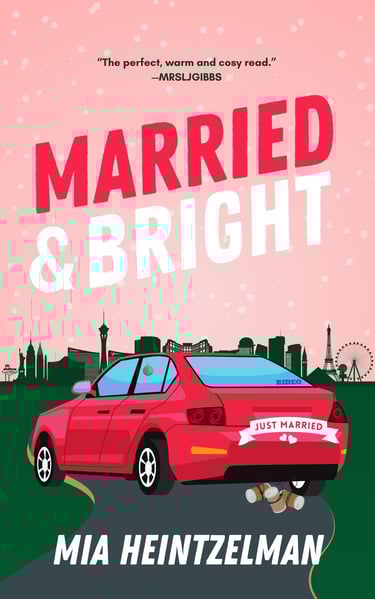 Married & Bright - a red car (just married) on a road with the Vegas skyline in the distance