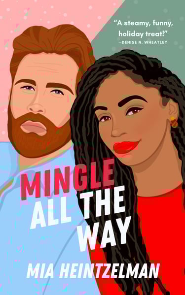 Mingle All the Way - a red-haired man in a blue shirt and Black woman in a red shirt leaning togethe