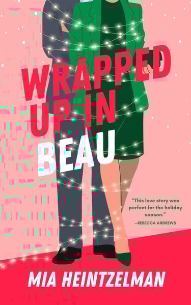 Wrapped Up in Beau - a woman in a green dress and a man in a gray suit tied with Christmas lights