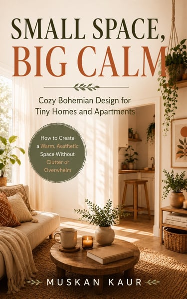 Book cover for Small Space, Big Calm featuring a cozy bohemian apartment living room with warm lighting.