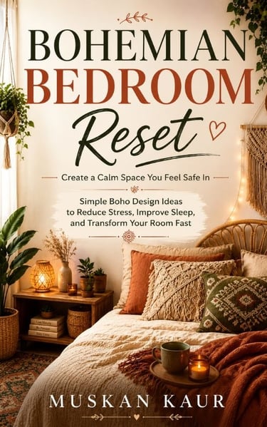 Cozy bohemian bedroom decor with macrame pillows, indoor plants, and warm lighting for a calm space.