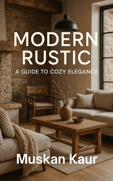 Modern rustic living room interior featuring a stone wall, wooden coffee table, and cozy beige sofa.