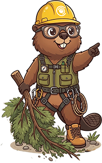 Cambium Tree Solutions mascot wearing a yellow hard hat and arborist gear holding a tree branch.