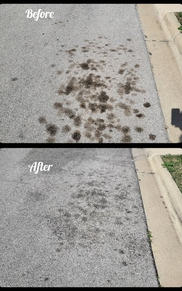 Picture of oil spots along curb before and after cleaned..