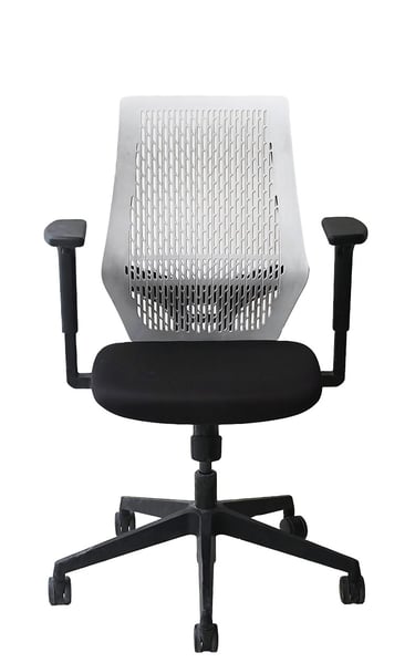 Sensit T145 clerical chair with white perforated plastic back and black seat, front view