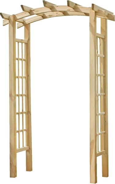A classic wooden garden arbor with a lattice trellis design for climbing plants and outdoor landscaping.