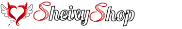 Logotipo Sheixy Shop: corazón con cuernos, alas negras y cola de diablo junto a texto estilizado en rojo y blanco