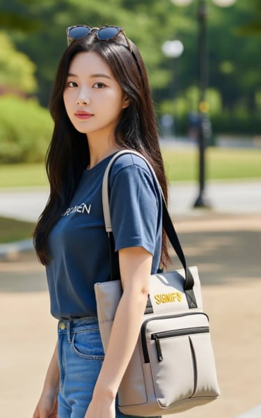 Model SIGNIGIRL dengan totebag dari kain kanvas polyester SIGNIFO tema Sahara Desert.