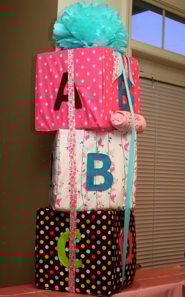 baby gifts wrapped as blocks