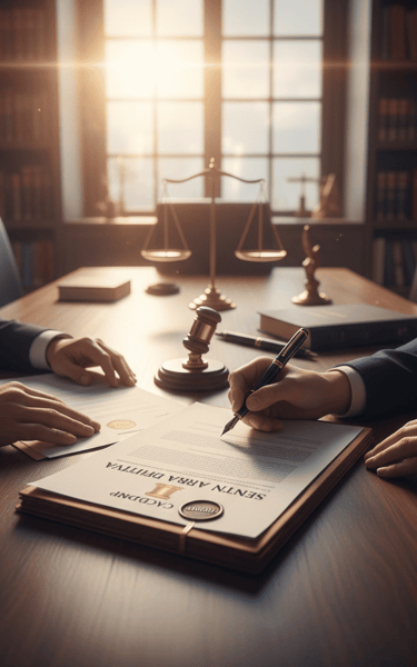 Mesa de escritório com documentos sendo assinados e uma balança da justiça ao fundo, representando o