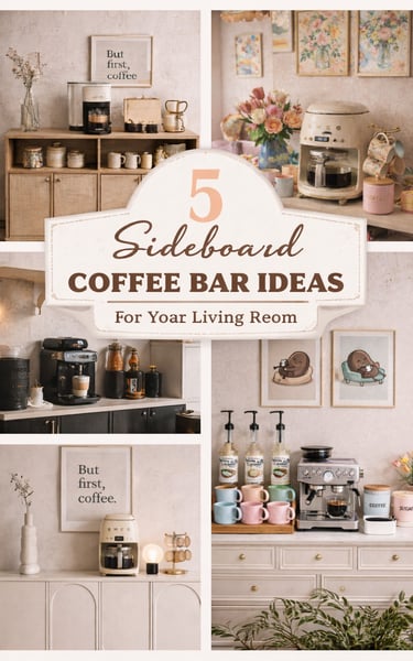 A collage showing five stylish sideboard coffee bar ideas for living room home decor.