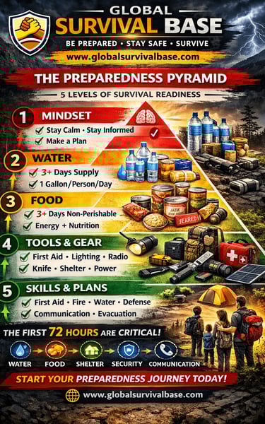 preparedness pyramid infographic showing levels of survival readiness from basic to advanced