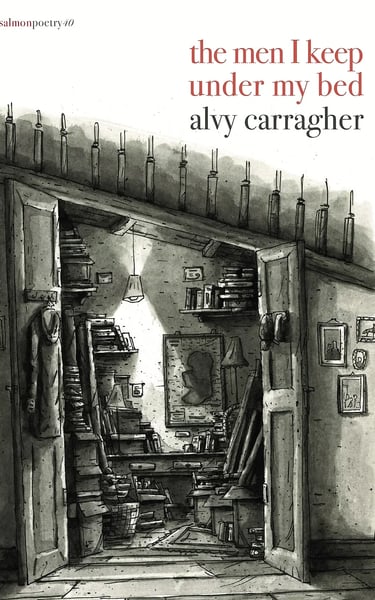 The Men I Keep Under My Bed book cover by Alvy Carragher featuring a black and white sketch of a cluttered study.