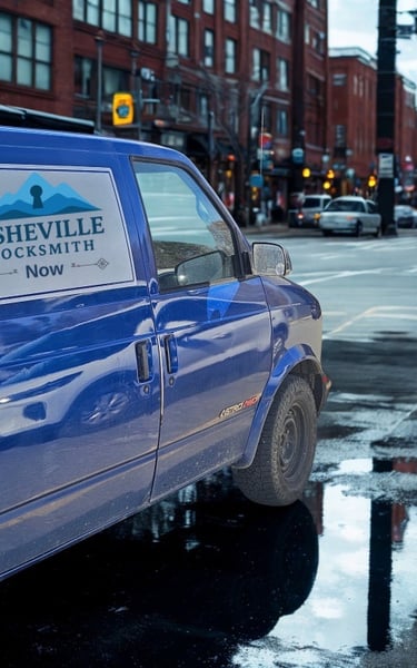 Blue Asheville Locksmith Now service van driving through West Asheville on rainy day
