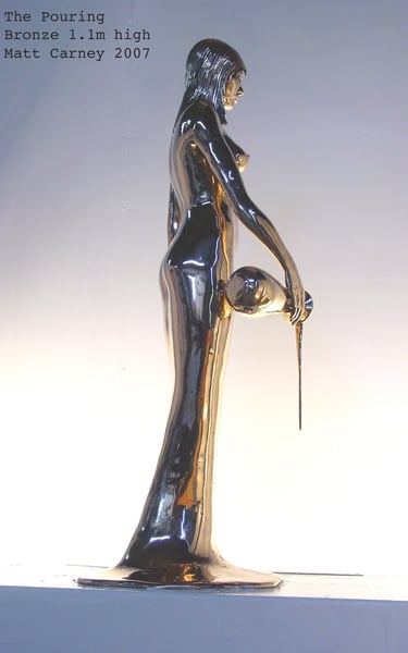 Shiny bronze sculpture of a woman pouring from a carafe rear view