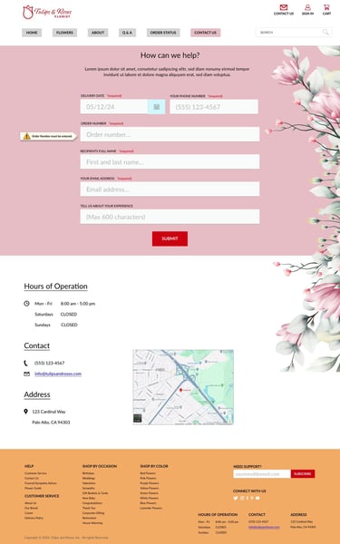 Contact Us webpage design with a contact form, hours of operation, contact information, address, and a map.