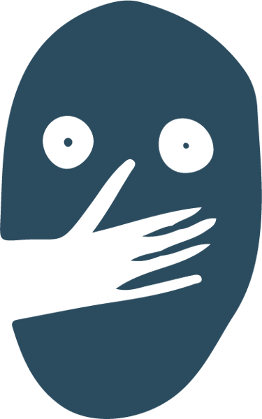 Ilustración de máscara con una mano negra que cubre la boca, simbolizando el silencio o secreto