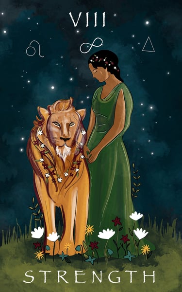 A custom illustration of the strength tarot card 