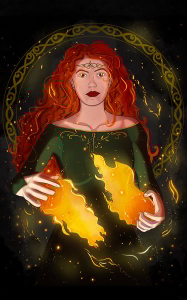 fantasy character artwork of a woman with red hair and a green dress and fire magic 