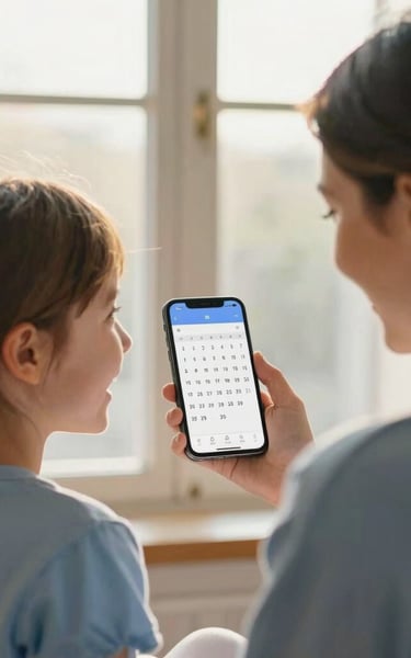Over-the-shoulder view of a mother and young daughter laughing while looking at a smartphone screen showing a clean calendar interface, warm golden-hour window light, soft blue and gold tones, shallow depth of field, 35mm