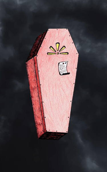 coffin floating against dark clouds
