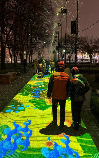 Illuminated walkway in Warsaw