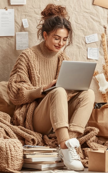 Giovane donna rilassata con laptop, che gestisce e vende prodotti digitali online con un approccio s
