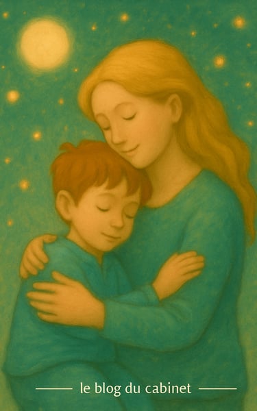 Mère et enfant blottis tendrement sous un ciel étoilé, ambiance rassurante et douce.