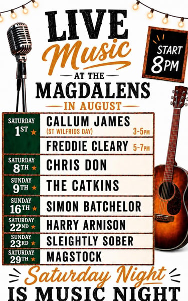 August l2026 ist of live music at the Magdalens Ripoin