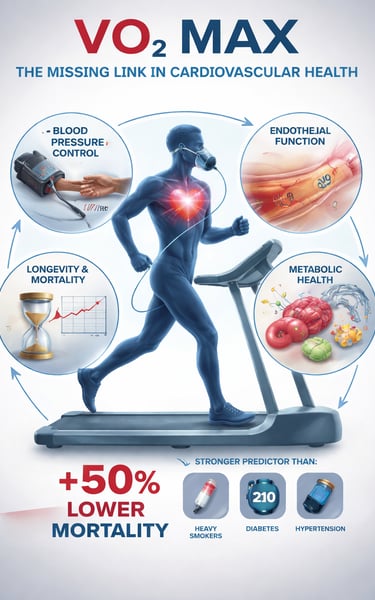 Infographic showing how VO2 max fitness levels impact cardiovascular health, longevity, and metabolic function.