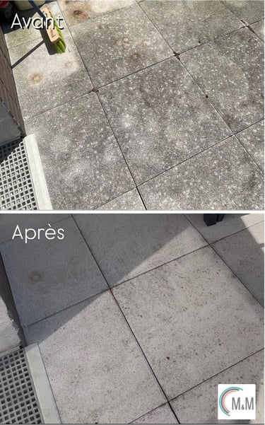 Avant après nettoyage dalles de terrasse haute pression par m&m services pro Rouen