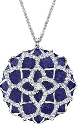 Womens Blue Lucius Flower Pendant Necklace Rhodium Plated. Swarovski 