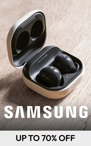 Black Samsung Galaxy Buds in an open charging case on a wooden surface with a 70% off sale banner.