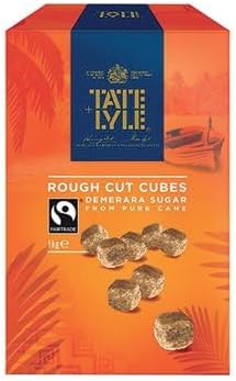 Tate & Lyle Fairtrade Rough Cut Demerara Sugar Cubes in a 1kg orange and blue box.