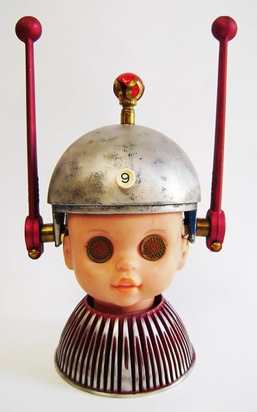 Assemblage robot head named Doll #9 built by artist Tal Avitzur.