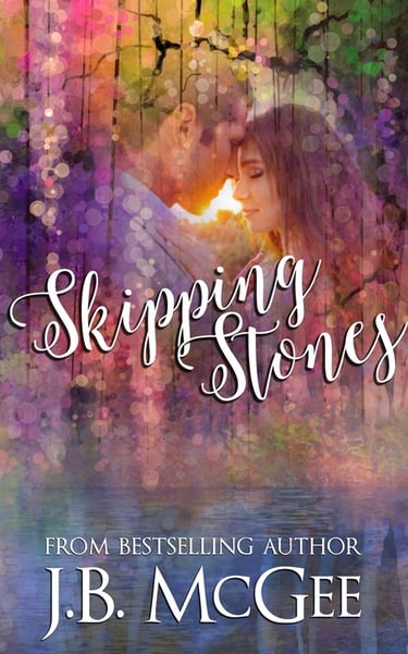 Book cover for Skipping Stones by J.B. McGee featuring a couple in a romantic embrace with colorful bokeh effects.