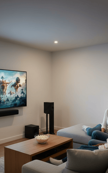 a family sitting on a couch watching a movie