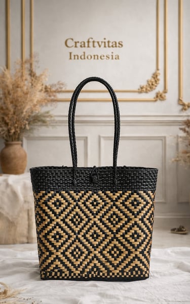 Tas anyaman plastik handmade warna hitam dengan motif natural ramah lingkungan dari Craftvitas Indonesia