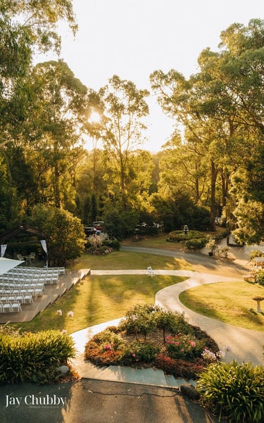 Avalon Castle wedding venue aerial style view with garden ceremony setup Melbourne