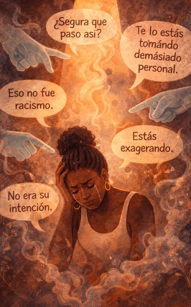 una mujer afro llorando y aislada