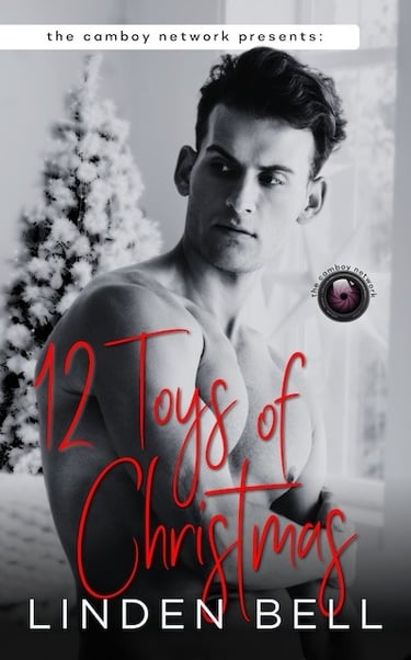 Book cover for 12 Toys of Christmas by Linden Bell featuring a shirtless man and a white holiday tree.