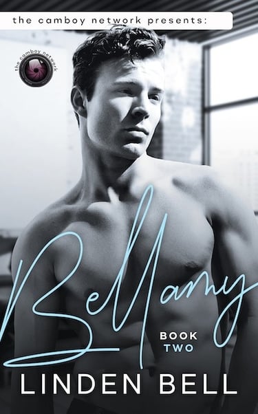Black and white book cover for Bellamy by Linden Bell featuring a shirtless athletic man.