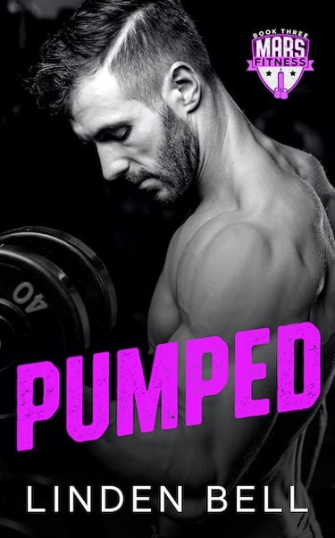 Muscular man lifting a dumbbell in a gym for the book cover of Pumped by Linden Bell.