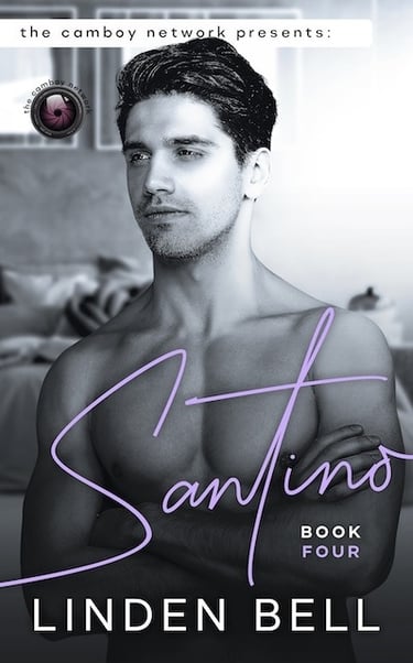 Handsome man with dark hair poses shirtless on the cover of "Santino" by Linden Bell, a romance novel.