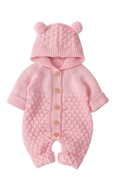 knitted baby romper with ears, pink