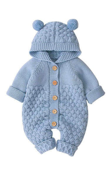 knitted baby romper with ears, blue