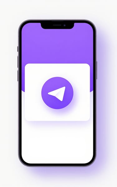 Clean 3D render of a minimalist smartphone displaying a Telegram chat window with a purple verification code popping up, soft purple ambient glow, high-contrast white background