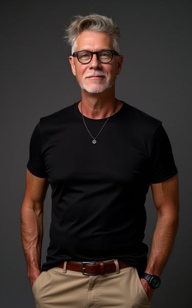 a man with a beard and glasses on a black background